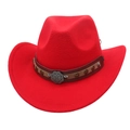 Detail of red western cowboy hat featuring leather band and vintage star metal buckle - Red