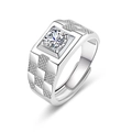 Men's silver adjustable ring featuring a large round zircon and checkered texture - Adjustable Open / Silver TMJ017
