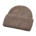 Close-up of dark brown knit beanie showing fluffy wool texture and ribbed fold design - One Size / Khaki