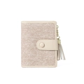 Detail of beige textured fabric wallet with leather trim and decorative tassel pendant - Off White