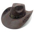 Detail of vintage brown cowboy hat with leather band and bull head metal emblem - M (56-58cm) / Tie-Dye Coffee