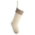 Cream knit Christmas stocking with khaki cuff and cable pattern for holiday decor - Ivory(Body)/Linen(Cuff)