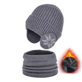 Winter dark grey knit hat and neck warmer set with fleece lining and snowflake pattern - Dark Gray