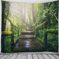 Detalle de tapiz de bosque con sendero de musgo y luz solar en pared de ladrillos - 150x130cm / Amanecer en el Bosque