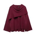 Asymmetric burgundy knitted shawl cardigan with a stylish single black button closure - Burgundy