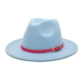 Sky blue wool Fedora hat with rose red leather belt and gold buckle for women - M(56-58cm) / Sky Blue