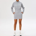 Grey two-piece fitness set with zip-up jacket and mini skirt featuring white side stripes - S / Heather Grey (Sport Jacket + Sport Skirt)
