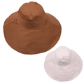 Detailed view of wide brim sun hats in dark brown and beige cotton fabric for women - Camel