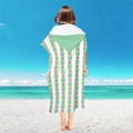 Hooded microfiber beach poncho featuring mint green checkerboard and floral smiley pattern - Pullover Style - Green Floral Vertical Stripe