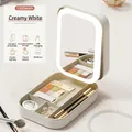 Beige LED makeup organizer with 1200mAh battery and adjustable 3-color light mirror - Cream White