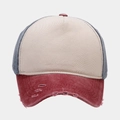 Detail of distressed baseball cap with tri-color stitching and vintage torn brim effect - Adjustable / Beige Patchwork Grey (Red Brim)