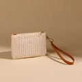 Portamonete beige in paglia intrecciata con cinturino in PU marrone e zip in metallo - Bianco Sporco