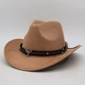 Khaki suede western cowboy hat with steer head buckle and brown studded leather band - One Size (56-60cm) / Small Bull Head (J Cowboy 60) / Camel