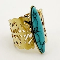 Bohemian gold wide band ring with hollow leaf patterns and large turquoise stone - Hollow Leaf Sky Blue Stone / Gold Sky Blue