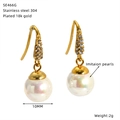 Detailed specs of 18K gold plated stainless steel pearl earrings with dimensions and weight - 10MM Round Pearl Style(SE466G)