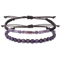Detail of amethyst beaded bracelet set with adjustable hand-woven cords and stone tubes - Two-Piece Set / Purple Crystal