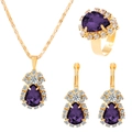 Elegant gold jewelry set with purple teardrop crystals including necklace earrings and ring - Deep Purple Style (K-526)