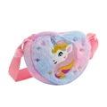 Detail of plush heart-shaped bag featuring colorful faux fur and unicorn embroidery - Tie-dye Pastel Purple