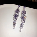 Silver flower tassel earrings featuring purple crystals and zircons on a white plate - 40# Silver-Purple-Flower Tassel (925 Sterling Silver Earring Post)
