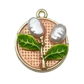 French vintage enamel flower pendant with pink texture, gold frame and white pearls - Light Pink Pearl Leaf-22073