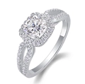 Detail of cushion-cut moissanite ring with halo setting and split shank in 925 silver - US 7 / Cushion Cut Halo Style (R13076)