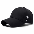 Classic black cotton baseball cap with white cross embroidery on the side panel - Adjustable / Black with White Embroidery