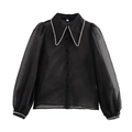 Elegante schwarze Organza-Damenbluse mit Perlen am Kragen und modischen Puffärmeln - XS / Schwarz
