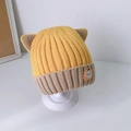 Cute yellow and brown knit baby hat with cat ears and cartoon lion embroidery - 6 Months - 3 Years (33-52cm) / Yellow (Contrast Cat)