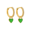 Golden huggie earrings with white zircon inlay and green enamel heart pendant - Gold Plated Green