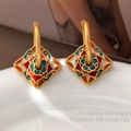 Ethnic style enamel diamond-shaped earrings in gold finish with vibrant floral patterns - T2391 Style / Diamond Nested Floral