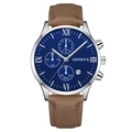 Men's fashion watch with blue dial, silver case and brown leather strap with calendar - Blue Dial Silver Hands Silver Case Brown Strap