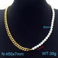 18K gold plated stainless steel chain necklace with 6mm white shell pearls on model - 45cm Necklace / Gold