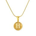 Gold stainless steel snake chain necklace with a round hammered white letter H pendant - Gold-Letter H (Snake Chain)