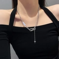 Korean hip-hop silver star pendant necklace with pearls and carabiner lock buckle - Silver Stainless Steel Chain (Blue Beads/Star Pendant)
