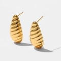 Golden teardrop earrings with spiral texture and high gloss 18K gold plated finish - Spiral Cocoon / Gold