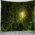 Detail of forest path wall tapestry showing a wooden walkway amidst lush greenery and old trees - 150x130cm / Forest Secret (SLXL20)