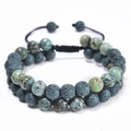 Detail of double-layer woven bracelet with grey lava stones and green spotted beads - Green Brown Spotted Stone + Gray Lava Rock