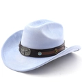 Detail of light blue felt cowboy hat with leather band and vintage bull head buckle - Light Sky Blue