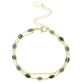 Bracciale a doppio strato vintage dorato con perline ovali verde smeraldo e catena regolabile - Bracciale a Barra con Perline Verdi - Nuovo (8332)