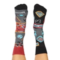 Macro detail of asymmetric jacquard socks featuring vintage music icons and retro patterns - One Size / Music World