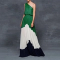 Off-shoulder color-block maxi dress in green, white, and navy blue pleated design - S / Green and Black