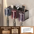 Wall-mounted toothbrush holder with three slots and blue, pink, and purple tumblers - 3-Cup Style-Gun Grey-Space Aluminum