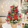 Mini tabletop Christmas tree with red bows, pine cones, and warm LED light string - SYV503