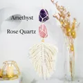 Boho wall hanging with natural amethyst, rose quartz and hand-woven cotton leaf tassels - Amethyst + Rose Quartz Macrame