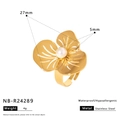 Detail of adjustable golden floral ring with pearl center, 27mm diameter and 4g weight - Hollow Petal Style (NB-R24289)