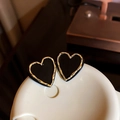 Pendientes de corazón negros retro con borde dorado texturizado y postes de plata pura - Negro (Poste de plata para pendientes)