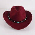 Detail of burgundy wool fedora with turquoise stones and silver rivets on a black band - M (56-58cm) / Burgundy