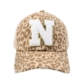 Detail of leopard print baseball cap featuring a sequined towel embroidered letter N - Leopard-Letter N