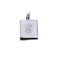 Macro detail of square stainless steel pendant with white pearl inlay and letter S - Steel S