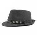 Dark grey thick wool fedora with black leatherette strap and silver pyramid rivets - Double Row Square Rivet Style / Gray
